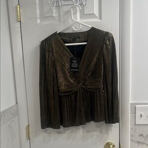 Boston Proper Black and Gold Metallic Twist-Front Blouse